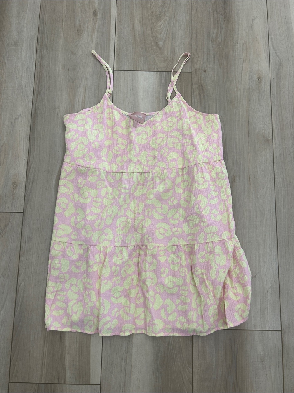 Show Me Your MuMu Pink and Light Yellow Leopard lemonade Tiered Mini Dress